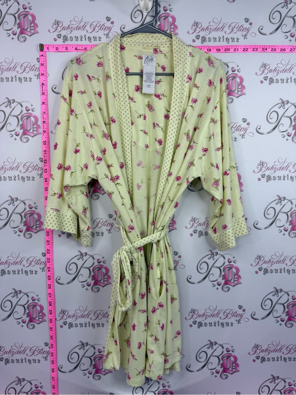 Aria robe tie up Pale Yellow Floral Robe with Pink Rose Print